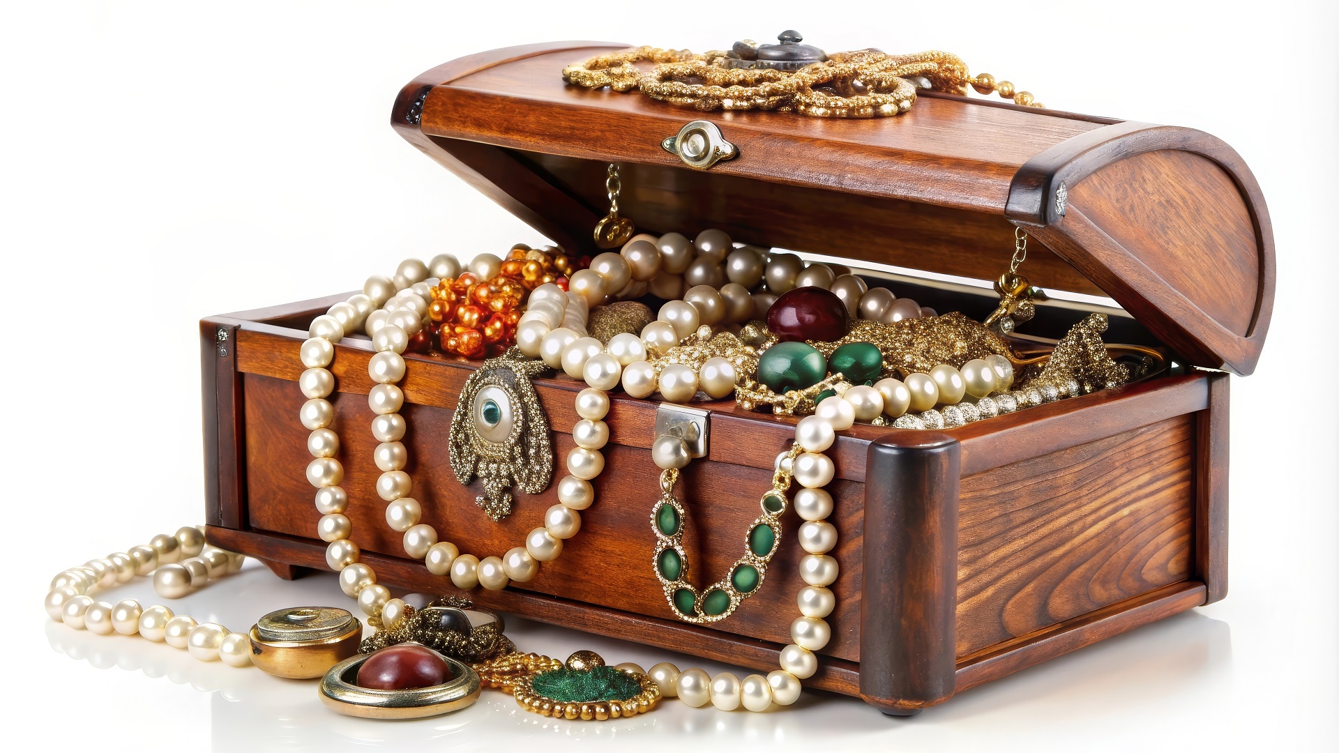 Verlobungsringe und Perlenschmuck in Truhe