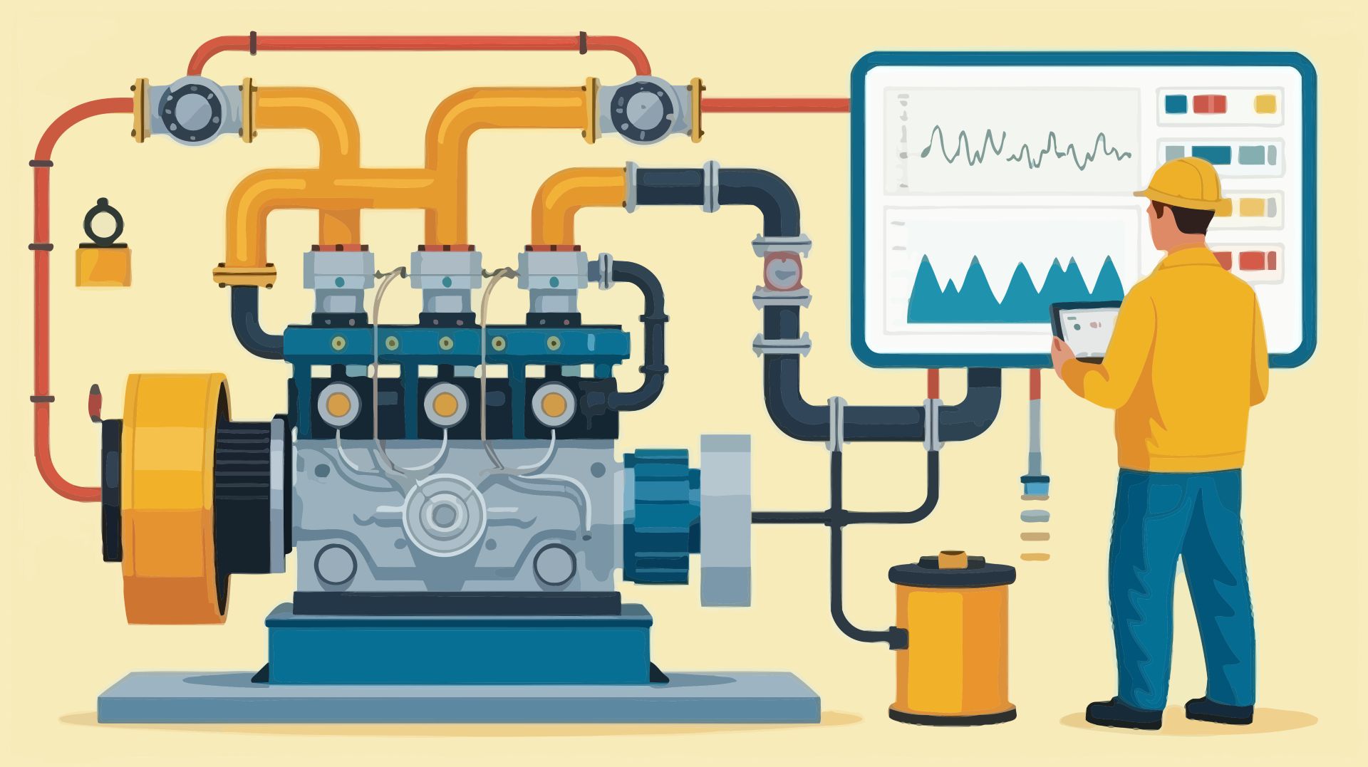 Ingenieur überwacht mit elektronischem Druckschalter eine industrielle Maschinenanlage und kontrolliert Daten auf einem Monitor