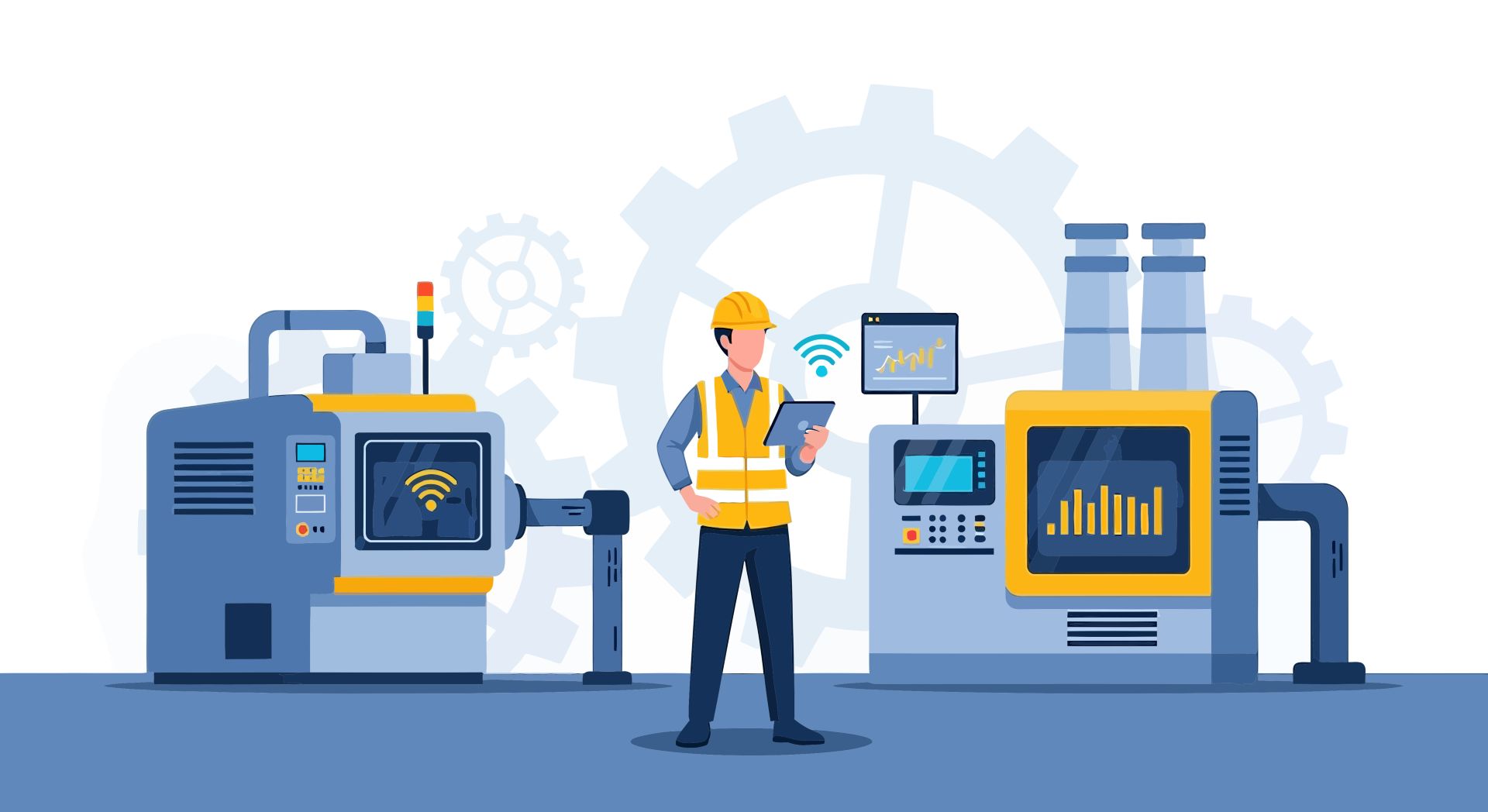 Techniker in einer smarten Fabrik nutzt einen elektronischen Druckschalter zur Steuerung automatisierter Maschinen mit digitaler Anzeige