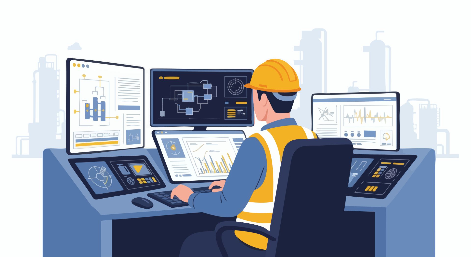 Techniker im Steuerraum analysiert Messwerte eines elektronischen Druckschalters und steuert industrielle Prozesse über mehrere Monitore